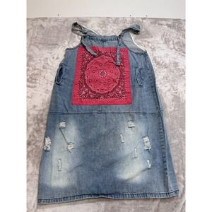 Monthorigin Distressed Denim Jumper Dress L Overalls Red Bandana Patchwork EUC